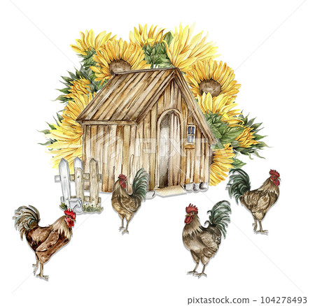 Watercolor composition of cock and truck. Hand drawn rooster, artistic painting illustration of fowl. Watercolor illustration of hen. Perfect for wedding invitation, greetings card, posters. 104278493