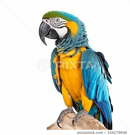 Macaw Ara parrot, beautiful turquoise blue orange bird with big beak, isolated on white close-up, Psittacidae 104278698