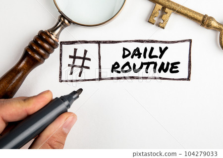 Daily Routine Concept. Magnifying glass and golden key on white background Daily Routine Concept. Magnifying glass and golden key on white background 104279033