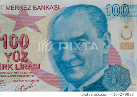 Macro shot of the one hundred turkish lira banknote Macro shot of the one hundred turkish lira banknote 104279056