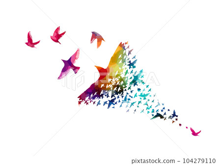 Abstraction with flying colorful birds. A flock of flying rainbow birds. Vector illustration 104279110