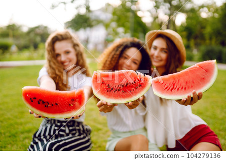 Cheerful happy friends camping on the grass, eating watermelon, laughing. 104279136