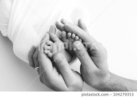 The palms of the father, the mother are holding the foot of the newborn baby on white background. Feet of the newborn on the palms of the parents. Photography of a child's toes, heels and feet. 104279353