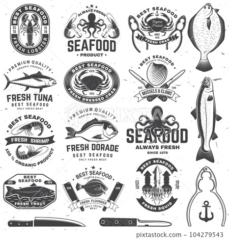 Set of best seafood badges. Fresh tuna, octopus, trout, shrimp, dressed crab, mussels and clams. Vector. For seafood emblem, sign, patch, shirt, menu restaurants with tuna, trout, shrimp, octopus Set of best seafood badges. Fresh tuna, octopus, trout, shrimp, dressed crab, mussels and clams. Vector. For seafood emblem, sign, patch, shirt, menu restaurants with tuna, trout, shrimp, octopus 104279543