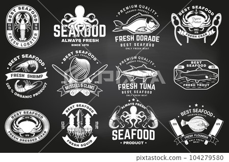 Set of best seafood badges. Fresh tuna, octopus, trout, shrimp, dressed crab, mussels and clams. Vector. For seafood emblem, sign, patch, shirt, menu restaurants with tuna, trout, shrimp, octopus Set of best seafood badges. Fresh tuna, octopus, trout, shrimp, dressed crab, mussels and clams. Vector. For seafood emblem, sign, patch, shirt, menu restaurants with tuna, trout, shrimp, octopus 104279580