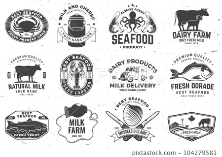 Fresh seafood and rustic milk badge, logo. Vector. Typography design with octopus, shrimp, crab, lobster, dorade, trout, cow, milk farm silhouette. Template for seafood, dairy and milk farm business - 104279581