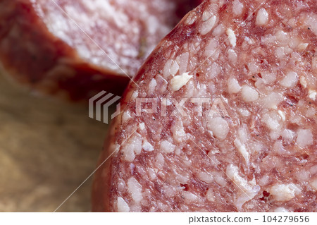Sausage of moose meat cut into pieces 104279656