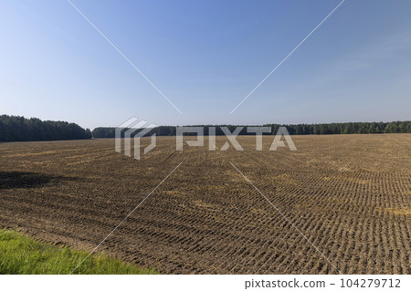 A plowed field with fertile soil for agricultural activities 104279712