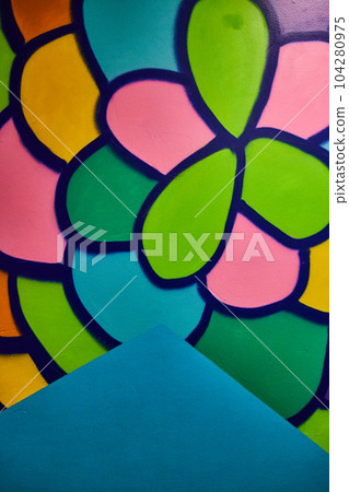 Abstract balloons or scales as wall art with green blue yellow pink purple and orange blobs at Otherworld in Ohio 104280975