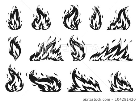Cartoon campfire flat icon set. Hot flame with sparks on white background. Fiery heat flames wildfire and bonfire, burn power black silhouettes. Various shape blazing fire emoticon. Stencil stamp Cartoon campfire flat icon set. Hot flame with sparks on white background. Fiery heat flames wildfire and bonfire, burn power black silhouettes. Various shape blazing fire emoticon. Stencil stamp 104281420