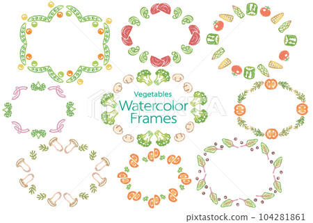 Fashionable watercolor illustration of vegetables. Set of round frames. Because it is a vector material, it is easy to use for design. Fashionable watercolor illustration of vegetables. Set of round frames. Because it is a vector material, it is easy to use for design. 104281861