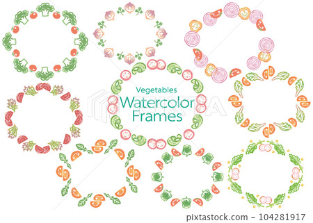 蔬菜的時尚水彩插圖。圓形框架集。由於它是矢量素材，因此很容易用於設計。 104281917