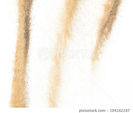 Sand flying explosion, Golden sand wave explode. Abstract sands cloud fly. Yellow colored sand splash throwing in Air. White background Isolated high speed shutter, throwing freeze stop motion 104282287