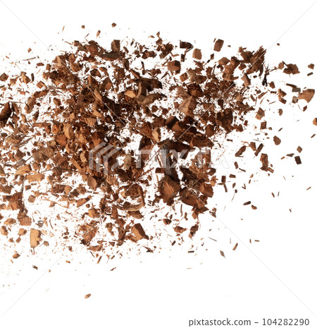 Coconut peel husk flying explosion, coconut chopped medium M size abstract fall down garden. Coconut shell peel fertilizer splash throwing in Air. White background Isolated high speed shutter, freeze Coconut peel husk flying explosion, coconut chopped medium M size abstract fall down garden. Coconut shell peel fertilizer splash throwing in Air. White background Isolated high speed shutter, freeze 104282290