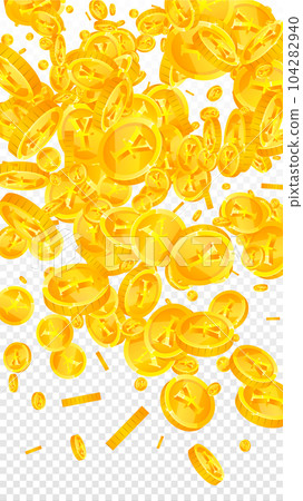 Japanese yen coins falling. Scattered gold JPY coins. Japan money. Global financial crisis concept. Vector illustration. Japanese yen coins falling. Scattered gold JPY coins. Japan money. Global financial crisis concept. Vector illustration. 104282940