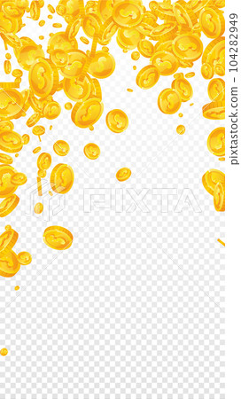 American dollar coins falling. Scattered gold USD coins. USA money. Jackpot wealth or success concept. Vector illustration. American dollar coins falling. Scattered gold USD coins. USA money. Jackpot wealth or success concept. Vector illustration. 104282949