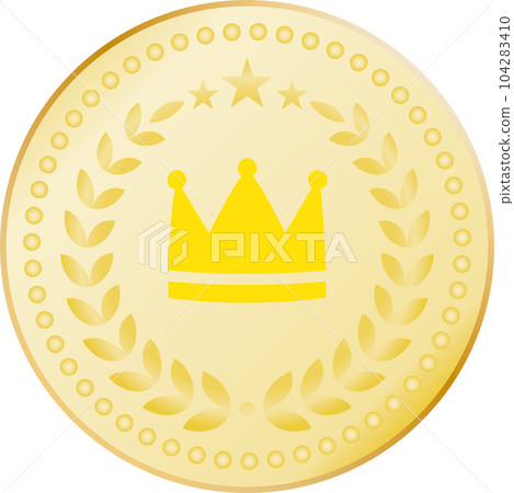 Gold coin medal illustration with laurel and crown 104283410