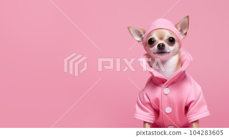 Advertising portrait, banner, interested looking chihuahua dog dressed in a pink barbie outfit, isolated on pink background. High quality illustration Advertising portrait, banner, interested looking chihuahua dog dressed in a pink barbie outfit, isolated on pink background. High quality illustration 104283605