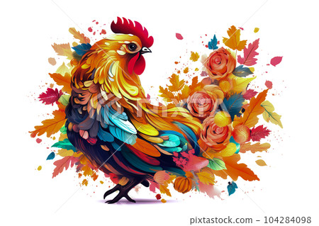 Image of a chicken surrounded by colorful tropical flowers. Farm animals. Illustration, Generative AI. 104284098