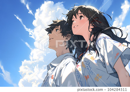 A couple looking up at the blue sky (Generative AI) A couple looking up at the blue sky (Generative AI) 104284311