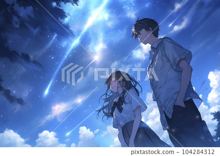 A couple looking up at the fantastic night sky with shooting stars (Generative AI) 104284312