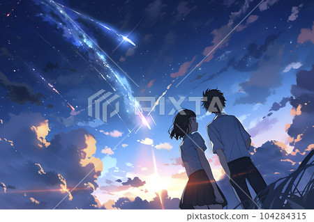 一對夫婦仰望流星的夢幻夜空（生成人工智能） 104284315