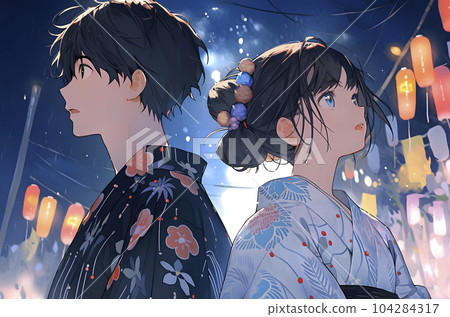 夏日祭一對情侶仰望夜空（生成AI） 104284317