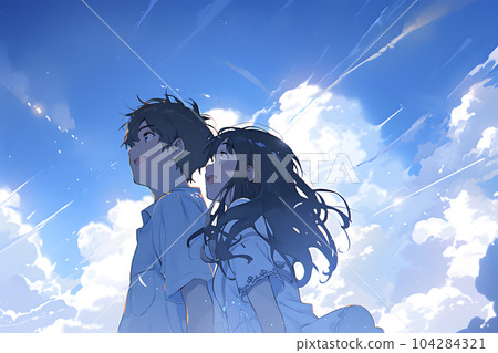 A couple looking up at the blue sky (Generative AI) 104284321