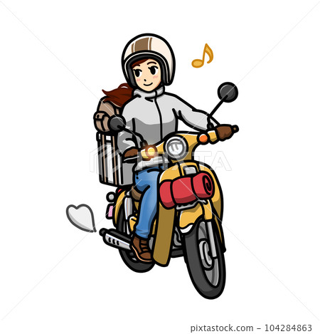 Illustration of a woman doing camping touring on a small bike Illustration of a woman doing camping touring on a small bike 104284863