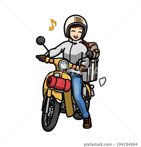 Illustration of a smiling woman straddling a small bike (camping touring) Illustration of a smiling woman straddling a small bike (camping touring) 104284864
