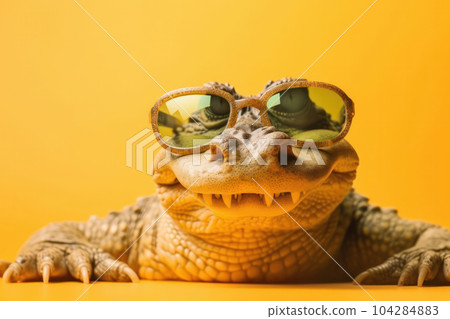 A perfect mix of danger and style a crocodile in sunglasses close-up on a yellow background. Wildlife at its coolest. AI Generative. 104284883