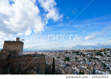 View of Granada from the Alcazaba of the Alhambra and the Tower of the Bella View of Granada from the Alcazaba of the Alhambra and the Tower of the Bella 104284919