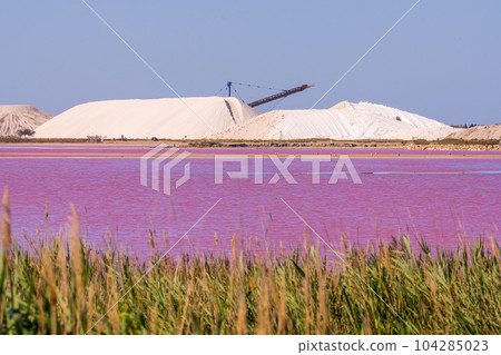 Salt production, pink lagoon and hills in the Mediterranean sea is located in Aigues-Mortes . Camargue, France. Hight quality photo 104285023