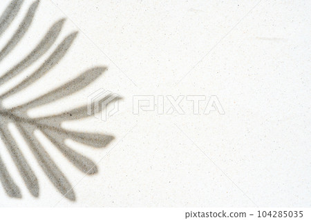 Background of palm leaf shadow on light beach sand with a place for text. Top view. Background of palm leaf shadow on light beach sand with a place for text. Top view. 104285035