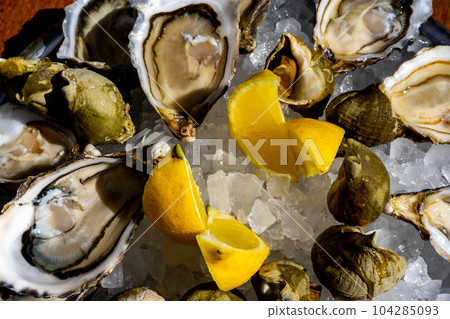 Fresh oysters and whelk platter with lemon on the ice. 104285093