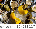 Fresh oysters and whelk platter with lemon on the ice. 104285117