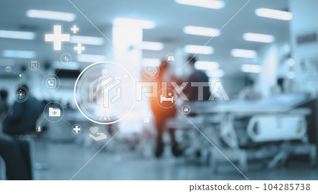 Medical icons on blurred background inside a hospital. Medical concept. Treatment. Medical technology. medical application. 104285738