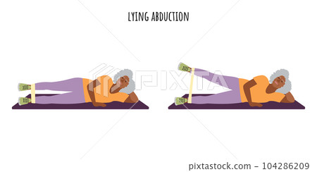 Senior active woman doing lying abduction exercise Senior active woman doing lying abduction exercise 104286209