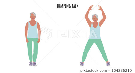 Senior active woman doing Jumping Jack exercise Senior active woman doing Jumping Jack exercise 104286210