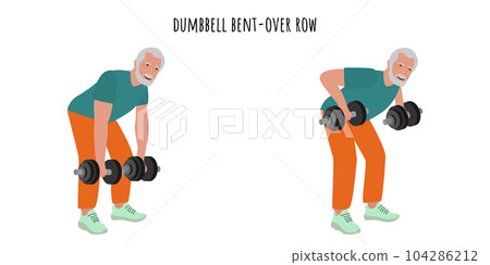 Senior man doing dumbbell bent-over row exercise 104286212