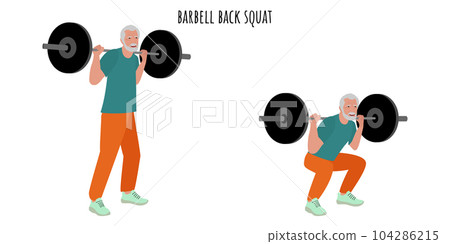 Senior man doing barbell back squat exercise Senior man doing barbell back squat exercise 104286215