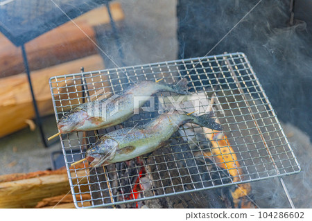 露營地虹鱒魚烤燒烤形像素材 104286602