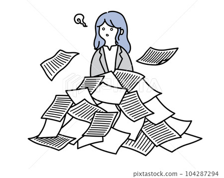 Color illustration of a young female employee who is stunned by the amount of work and documents Color illustration of a young female employee who is stunned by the amount of work and documents 104287294