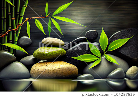 Bamboo and stones in a wellness spa. Generative AI. Zen Stones and