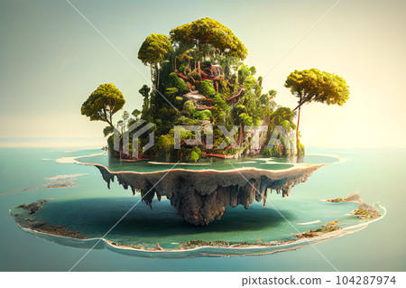 Fantasy island in the sea. Generative AI 104287974