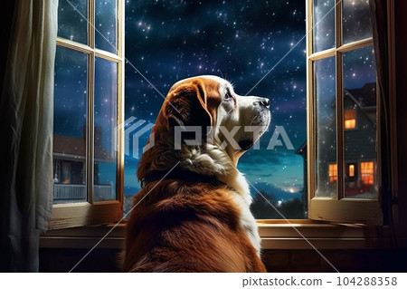 Dog looking up at the night sky AI generated image AI image 104288358