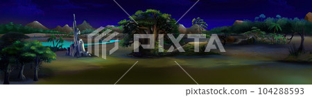 Big green tree in the African savannah at night 104288593