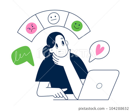 Woman leaves feedback, client chooses between positive, negative rating scale, person writes a review, vector illustration Woman leaves feedback, client chooses between positive, negative rating scale, person writes a review, vector illustration 104288632