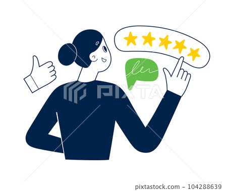 Customer gives 5 star rating, female client scores 5 stars points, woman leaves positive feedback, vector illustration Customer gives 5 star rating, female client scores 5 stars points, woman leaves positive feedback, vector illustration 104288639
