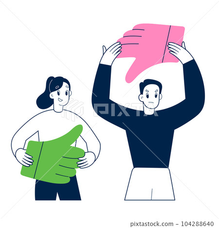 People leave positive and negative rating. Satisfied customer holds a thumbs up icon, displeased client raises a thumbs down icon, vector illustration 104288640